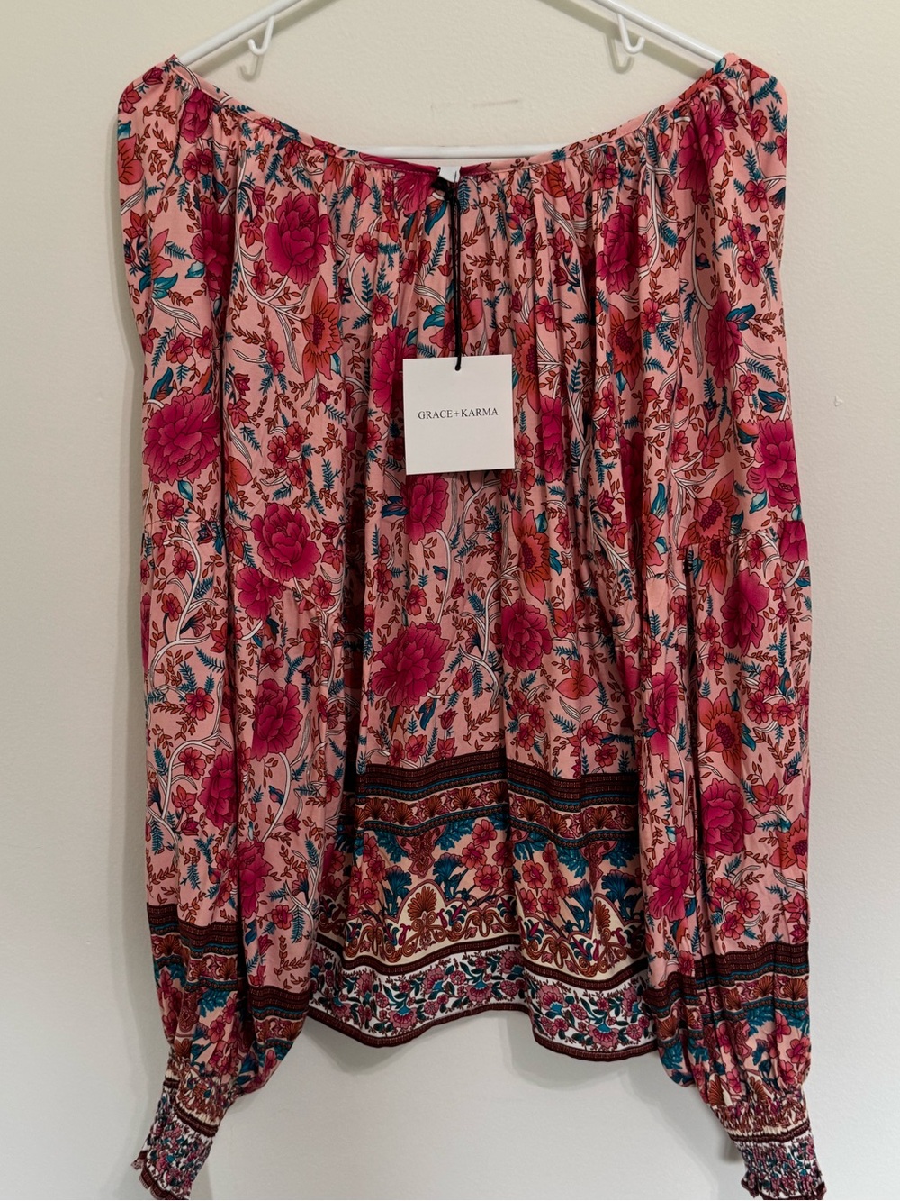 Boho Floral Pink Border Tunic with Tassel Ties - Picture 4 of 4
